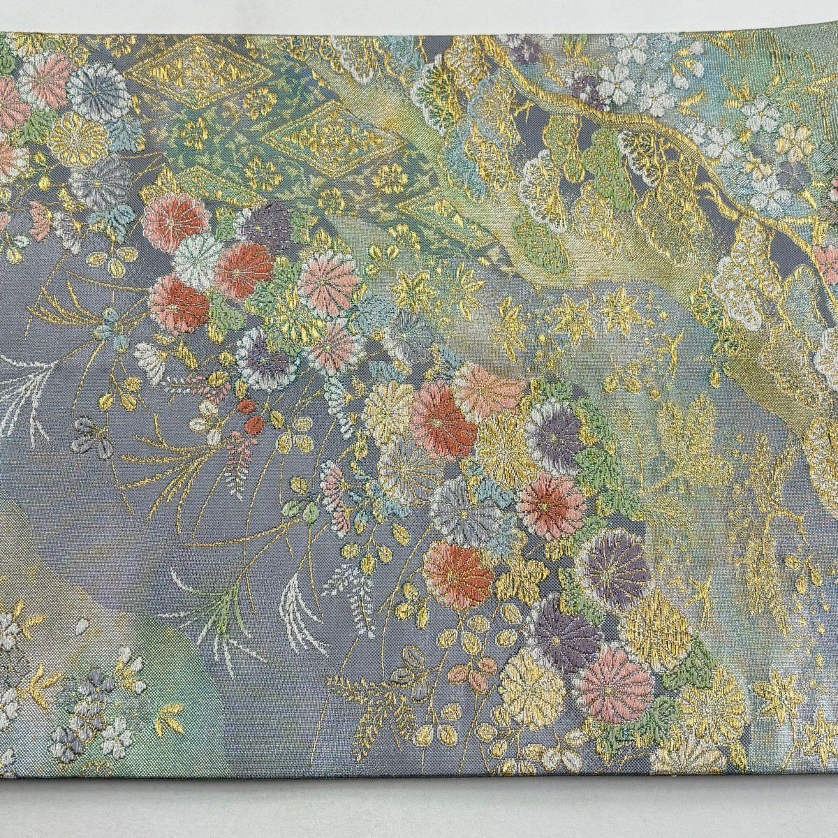 袋帶 秀品級 菊花花 松樹樹 刺繡 金銀線 灰紫 六通 純蠶絲