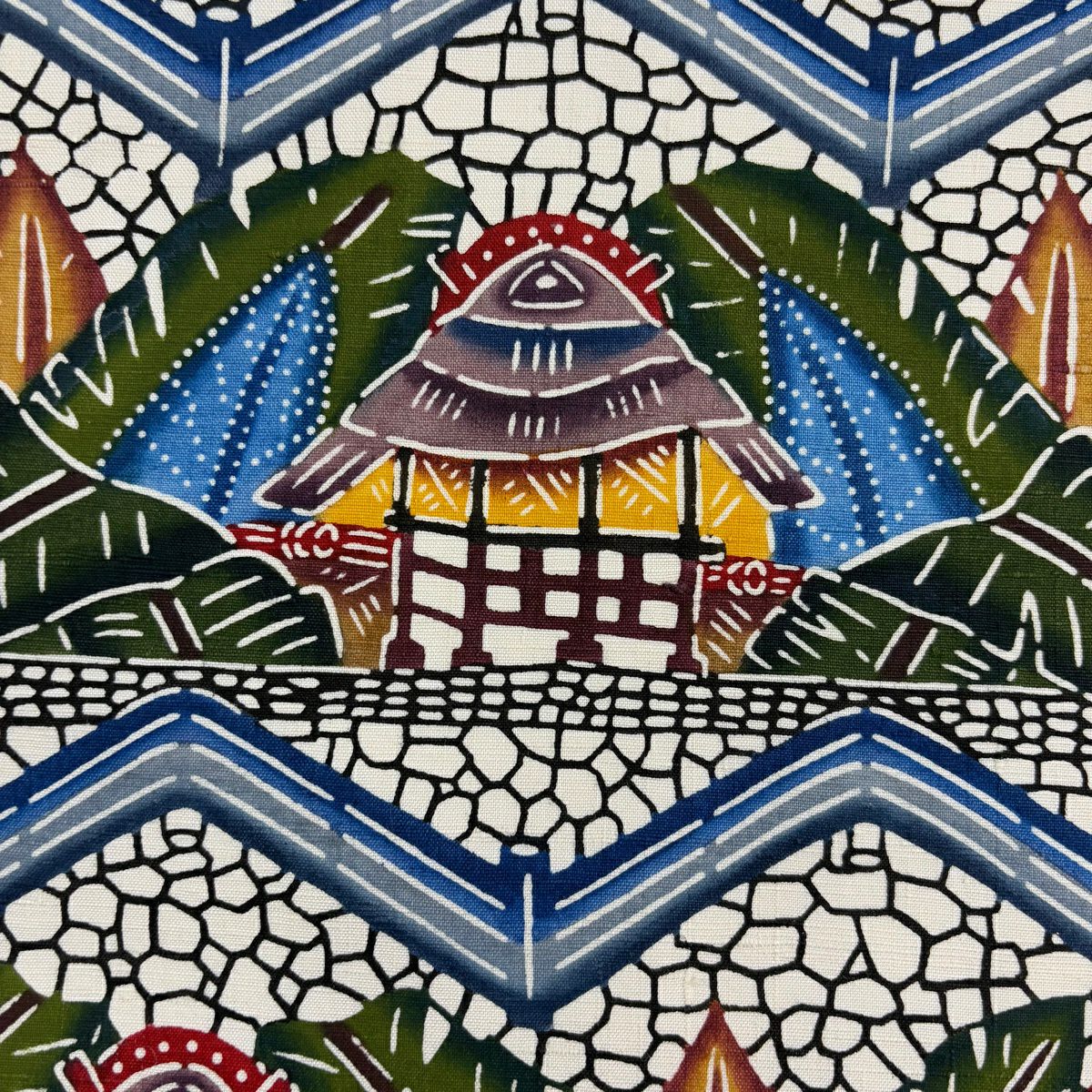 名古屋帶 逸品級 城間栄順 落款 琉球紅型 紬織織 家屋 葉紋 灰白 純蠶絲