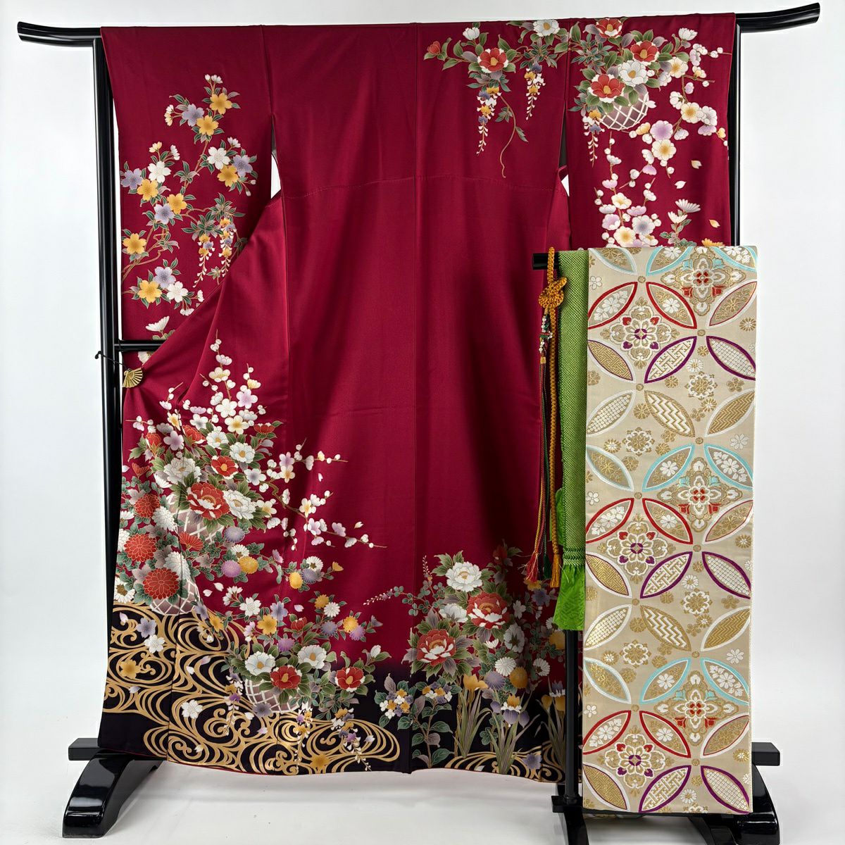 振袖禮服 身長162.5cm 袖長65.5cm M 雙層 花籠 波 金銀彩 染分 紅 純蠶絲 秀品級