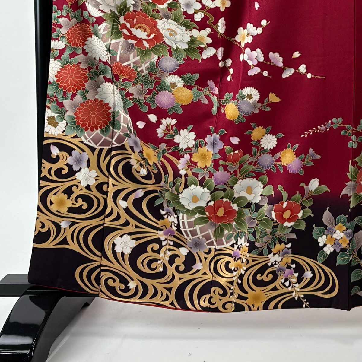 振袖禮服 身長162.5cm 袖長65.5cm M 雙層 花籠 波 金銀彩 染分 紅 純蠶絲 秀品級