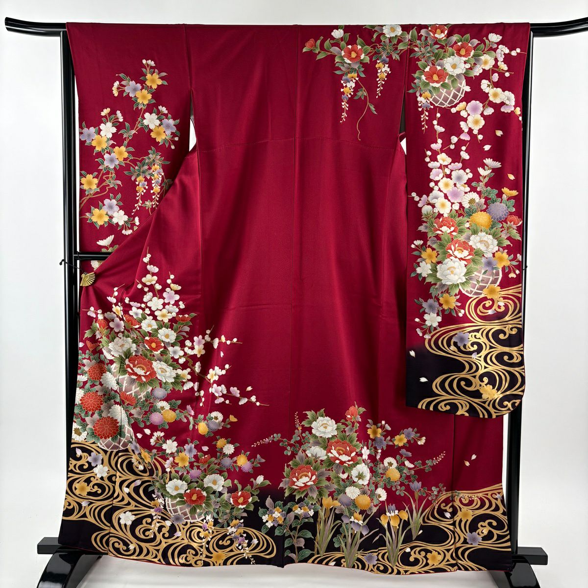 振袖禮服 身長162.5cm 袖長65.5cm M 雙層 花籠 波 金銀彩 染分 紅 純蠶絲 秀品級