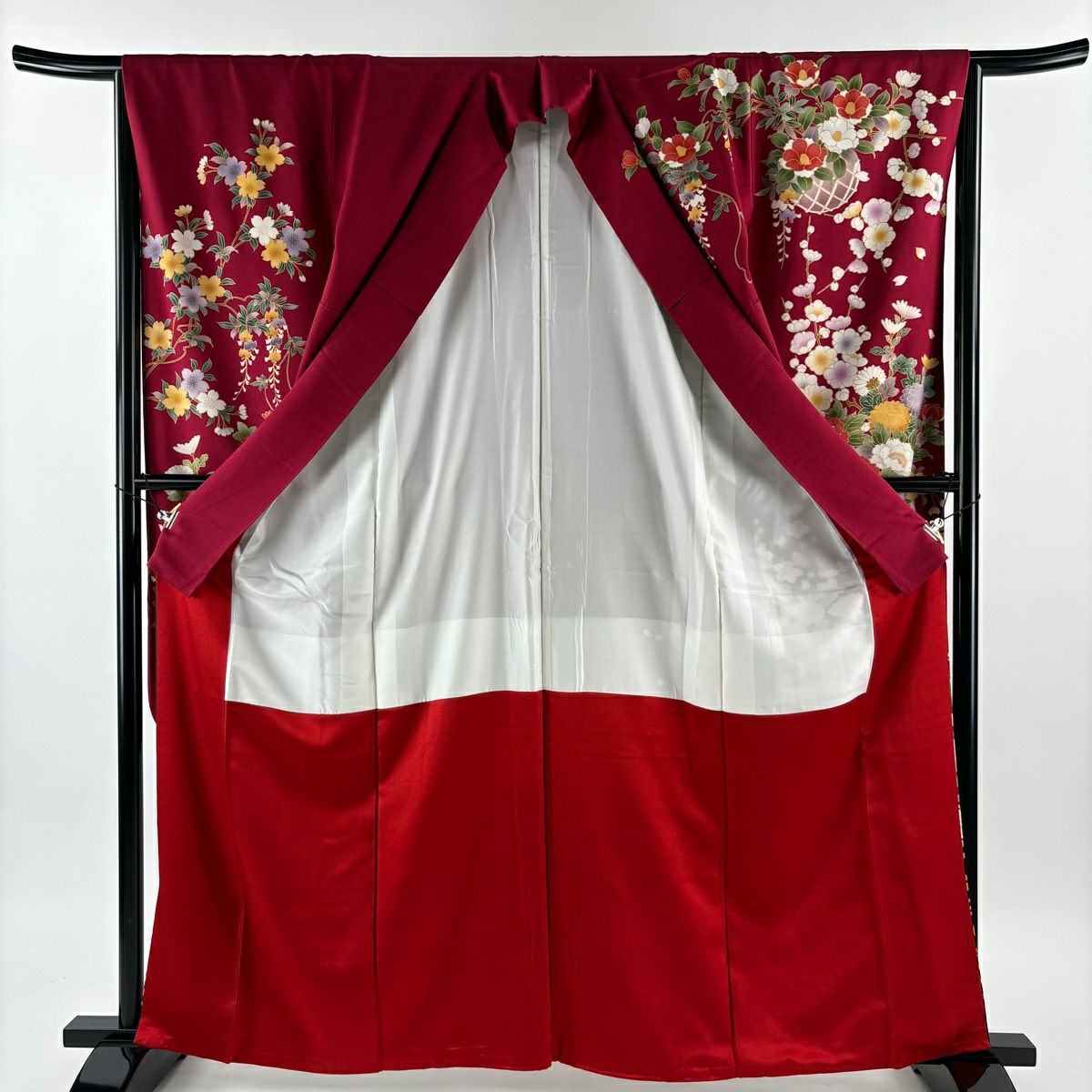 振袖禮服 身長162.5cm 袖長65.5cm M 雙層 花籠 波 金銀彩 染分 紅 純蠶絲 秀品級