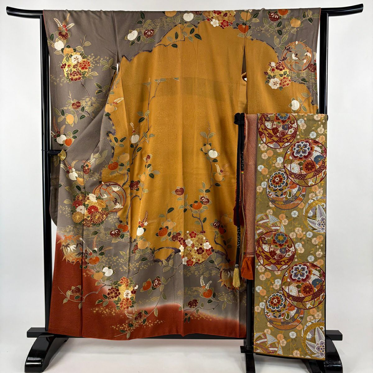 【美品】振袖禮服 身長159cm 袖長64.5cm M 雙層 袋帶全套 花丸紋 橘色 金絲 金銀彩 山吹茶 純蠶絲 秀品級