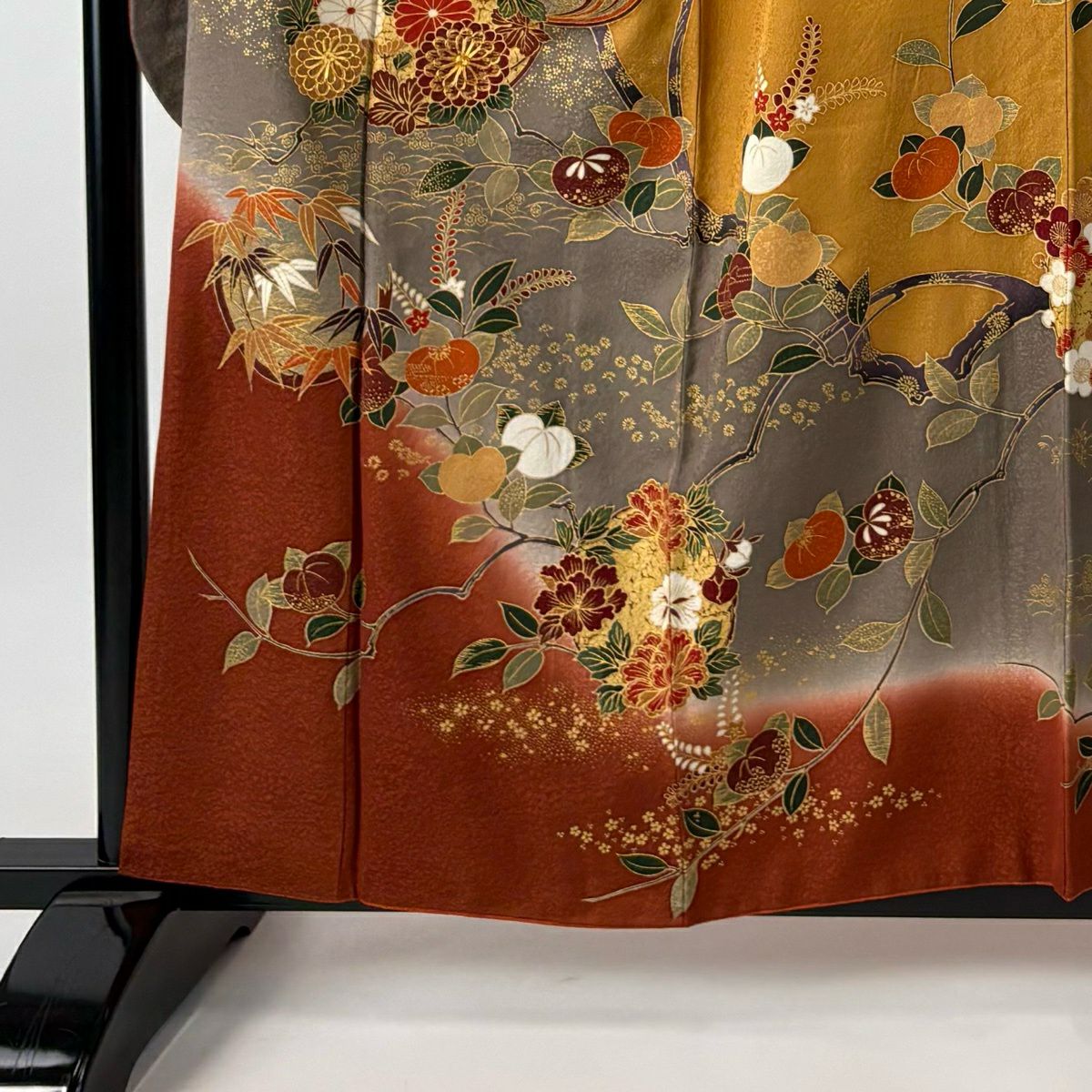 【美品】振袖禮服 身長159cm 袖長64.5cm M 雙層 袋帶全套 花丸紋 橘色 金絲 金銀彩 山吹茶 純蠶絲 秀品級