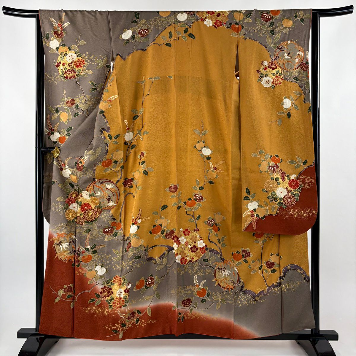 【美品】振袖禮服 身長159cm 袖長64.5cm M 雙層 袋帶全套 花丸紋 橘色 金絲 金銀彩 山吹茶 純蠶絲 秀品級