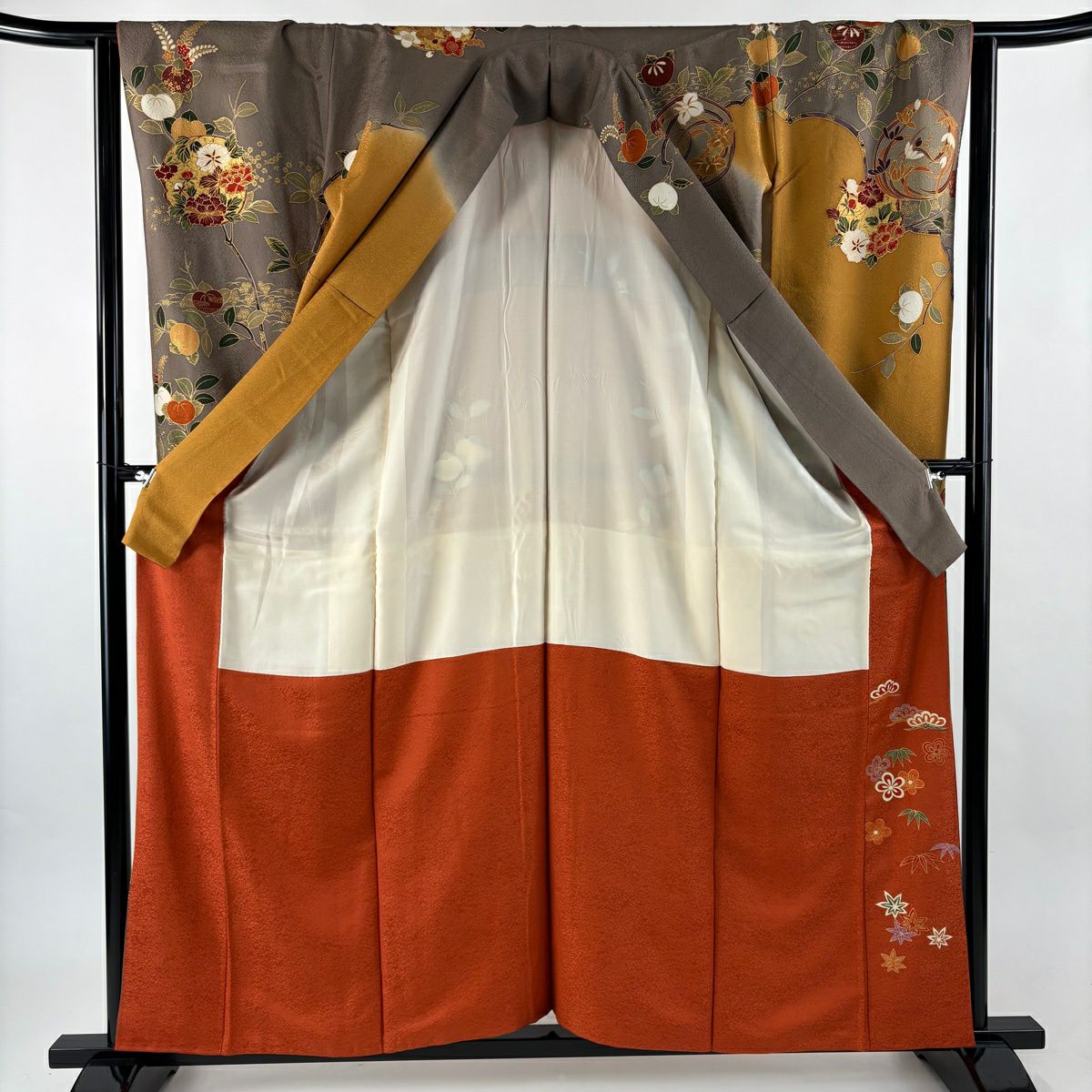 【美品】振袖禮服 身長159cm 袖長64.5cm M 雙層 袋帶全套 花丸紋 橘色 金絲 金銀彩 山吹茶 純蠶絲 秀品級