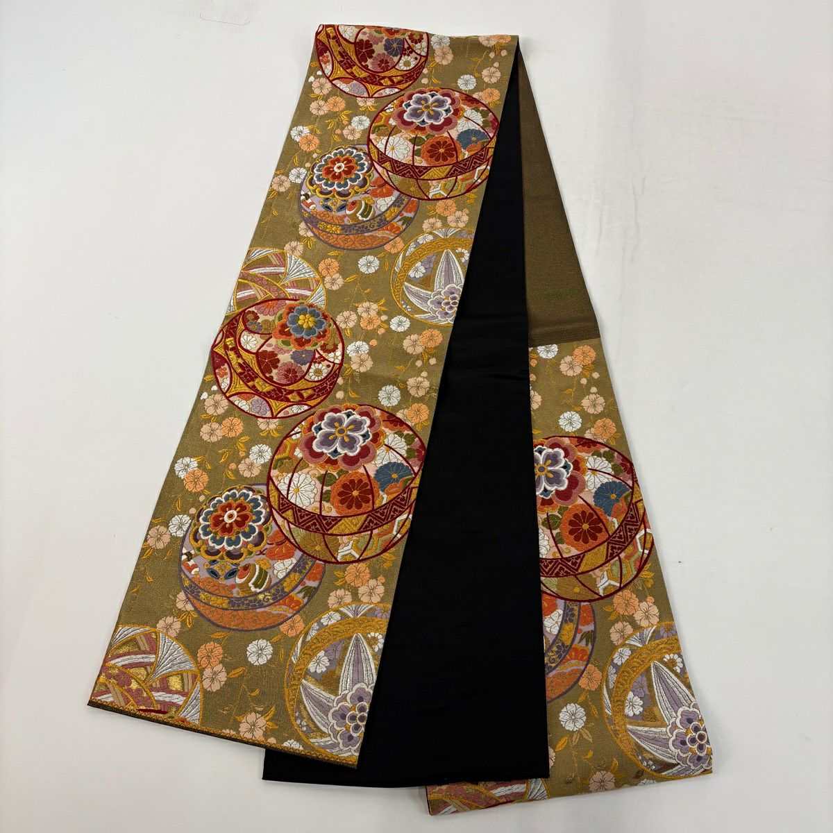 【美品】振袖禮服 身長159cm 袖長64.5cm M 雙層 袋帶全套 花丸紋 橘色 金絲 金銀彩 山吹茶 純蠶絲 秀品級