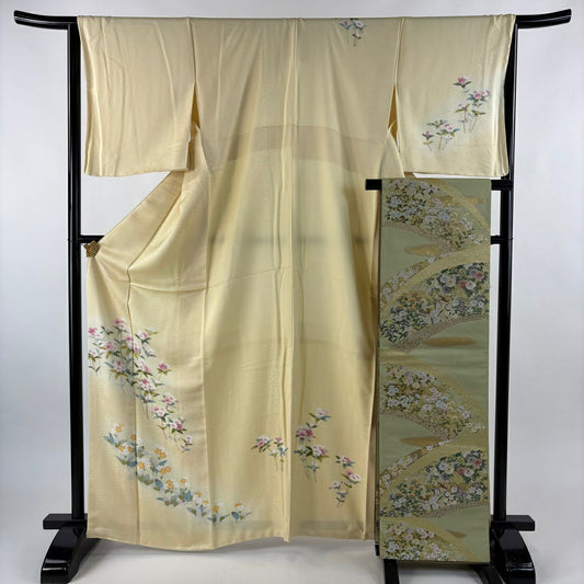 【美品】 付下 身長166cm 袖長65cm M 雙層 袋帶套裝 草花紋紋 漸層 淺黃 純蠶絲 優品級