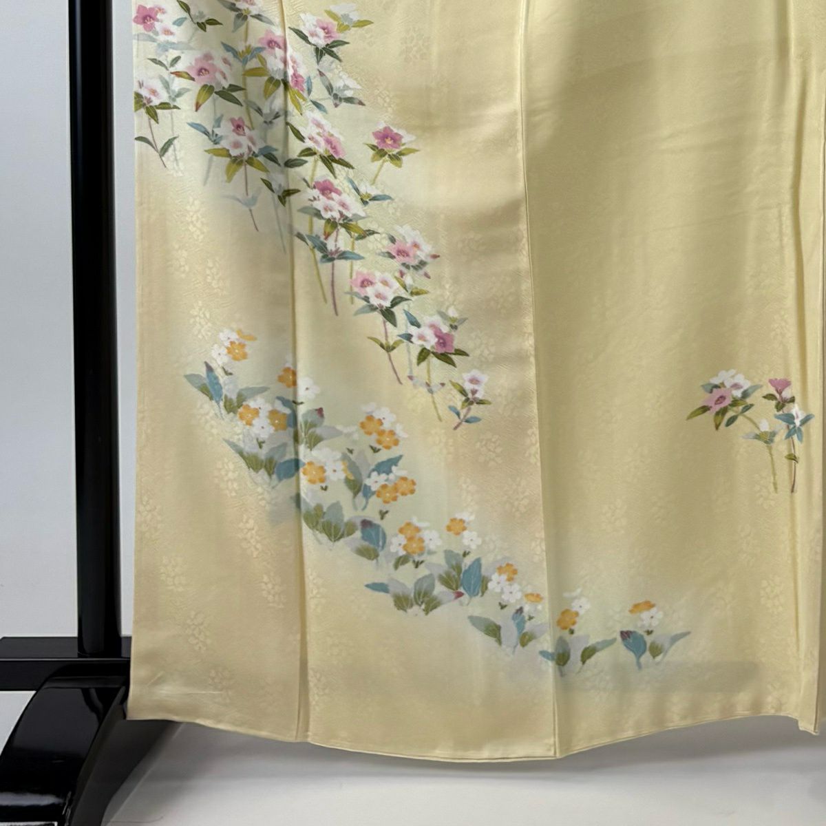 【美品】 付下 身長166cm 袖長65cm M 雙層 袋帶套裝 草花紋紋 漸層 淺黃 純蠶絲 優品級