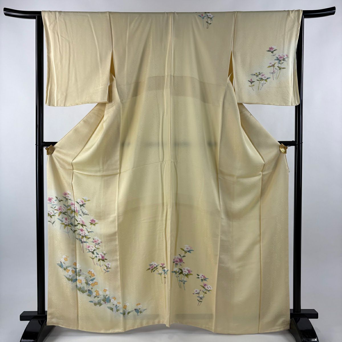 【美品】 付下 身長166cm 袖長65cm M 雙層 袋帶套裝 草花紋紋 漸層 淺黃 純蠶絲 優品級