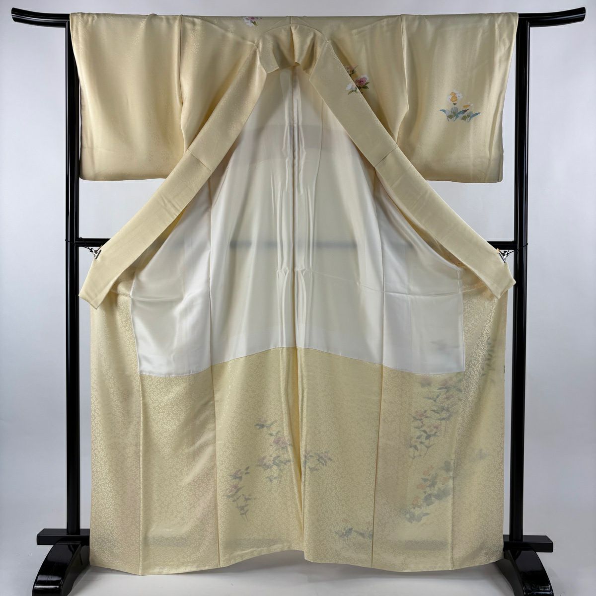 【美品】 付下 身長166cm 袖長65cm M 雙層 袋帶套裝 草花紋紋 漸層 淺黃 純蠶絲 優品級