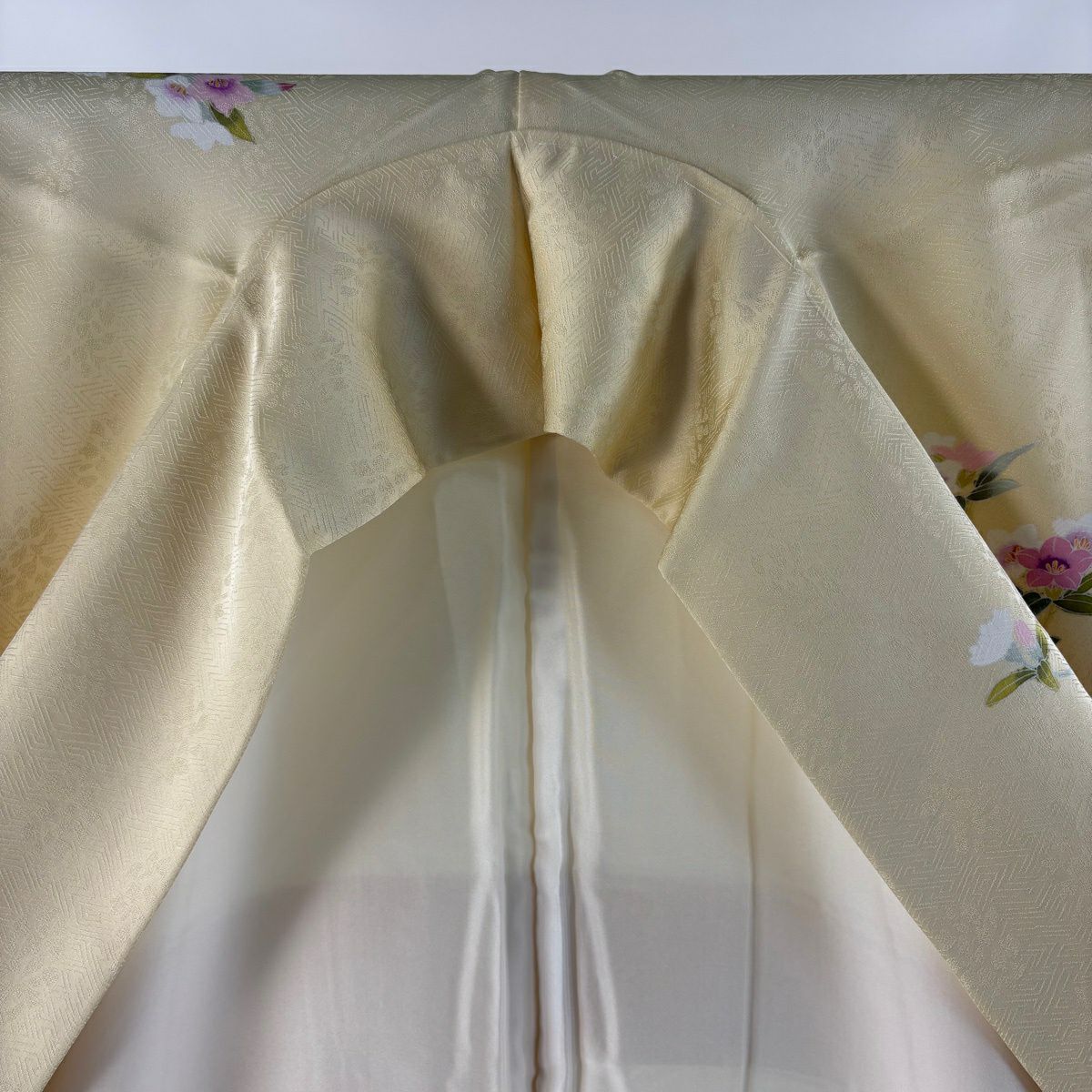【美品】 付下 身長166cm 袖長65cm M 雙層 袋帶套裝 草花紋紋 漸層 淺黃 純蠶絲 優品級