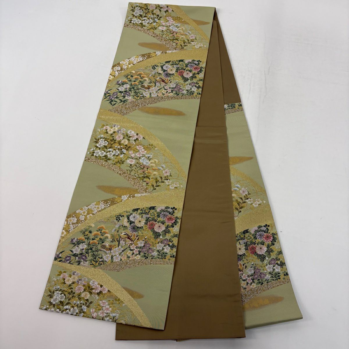 【美品】 付下 身長166cm 袖長65cm M 雙層 袋帶套裝 草花紋紋 漸層 淺黃 純蠶絲 優品級