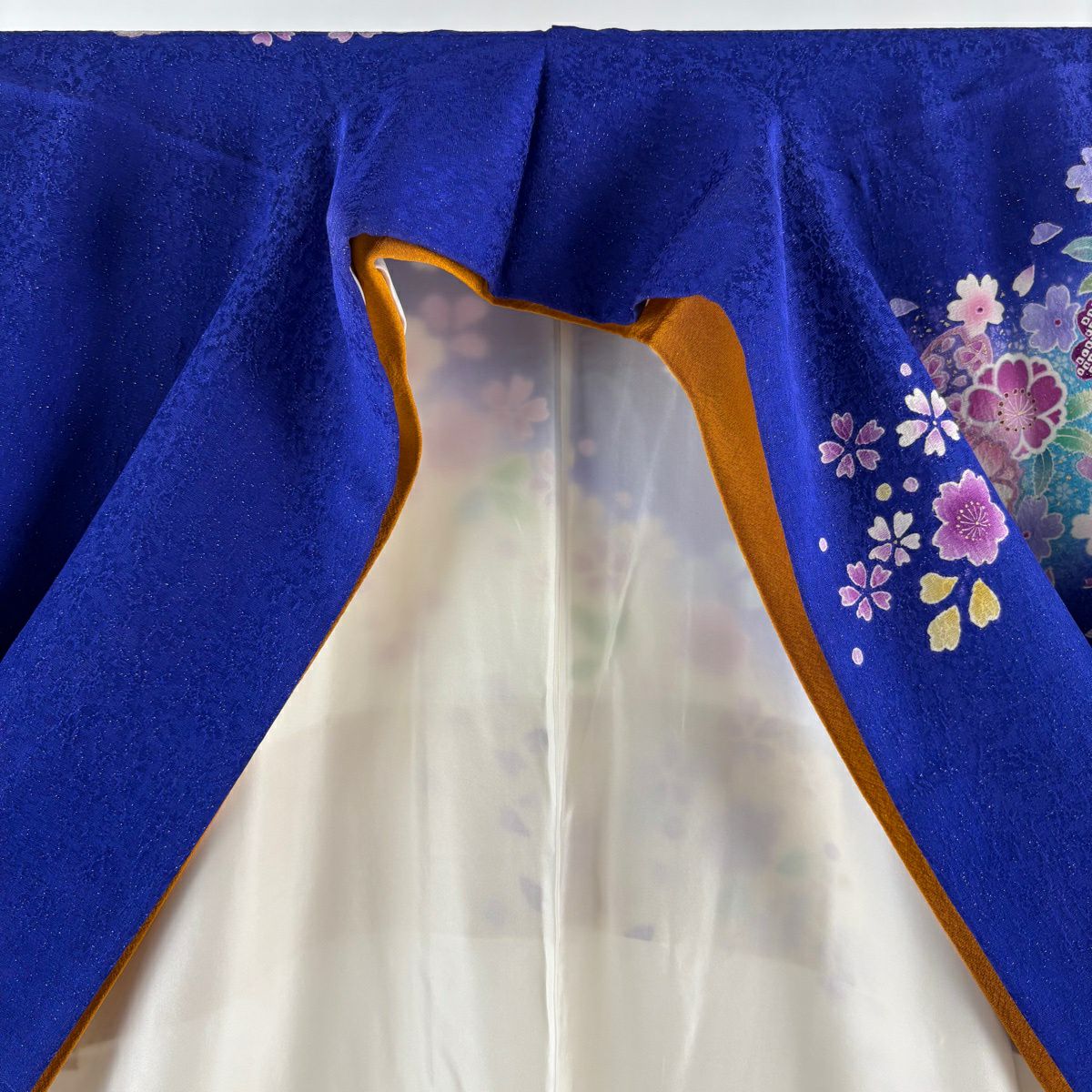 振袖禮服 身長165cm 袖長65.5cm M 雙層 袋帶全套 手毬 櫻花 銀通 金銀彩 藍 純蠶絲 名品級