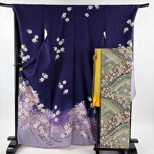 振袖禮服 身長167.5cm 袖長71cm L 雙層 袋帶全套 菊花花 櫻花花 金銀彩 紫 純蠶絲 名品級