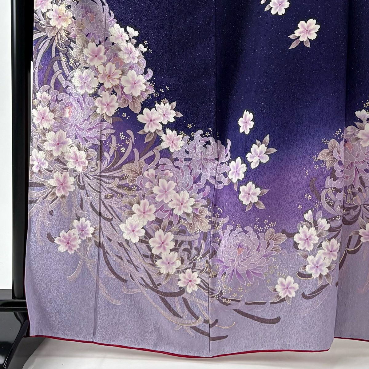 振袖禮服 身長167.5cm 袖長71cm L 雙層 袋帶全套 菊花花 櫻花花 金銀彩 紫 純蠶絲 名品級