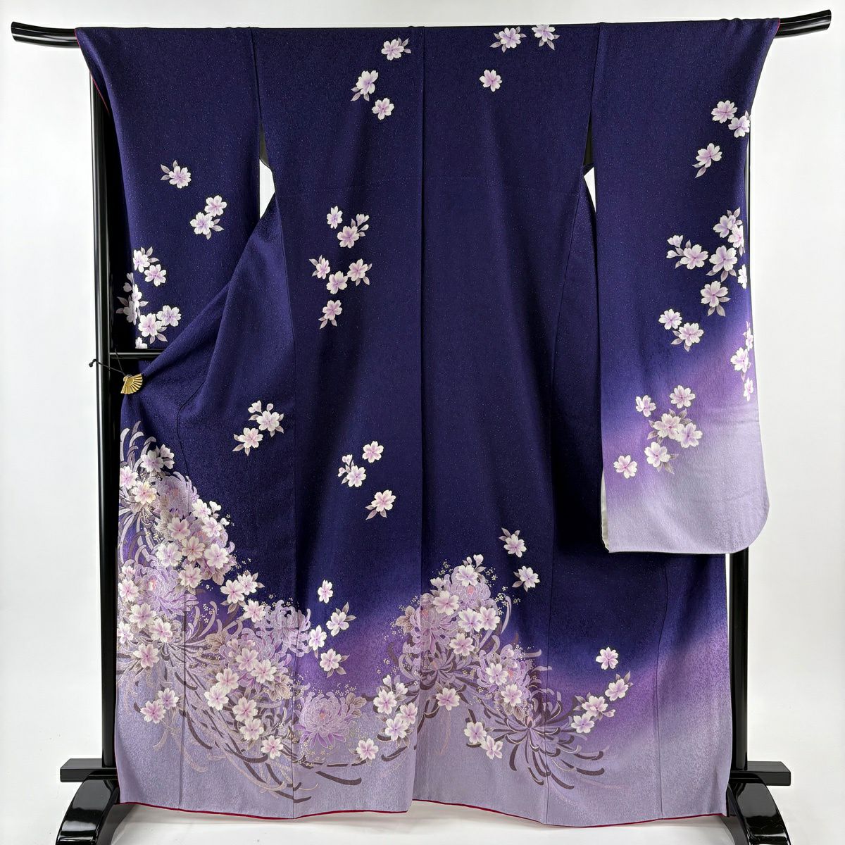 振袖禮服 身長167.5cm 袖長71cm L 雙層 袋帶全套 菊花花 櫻花花 金銀彩 紫 純蠶絲 名品級
