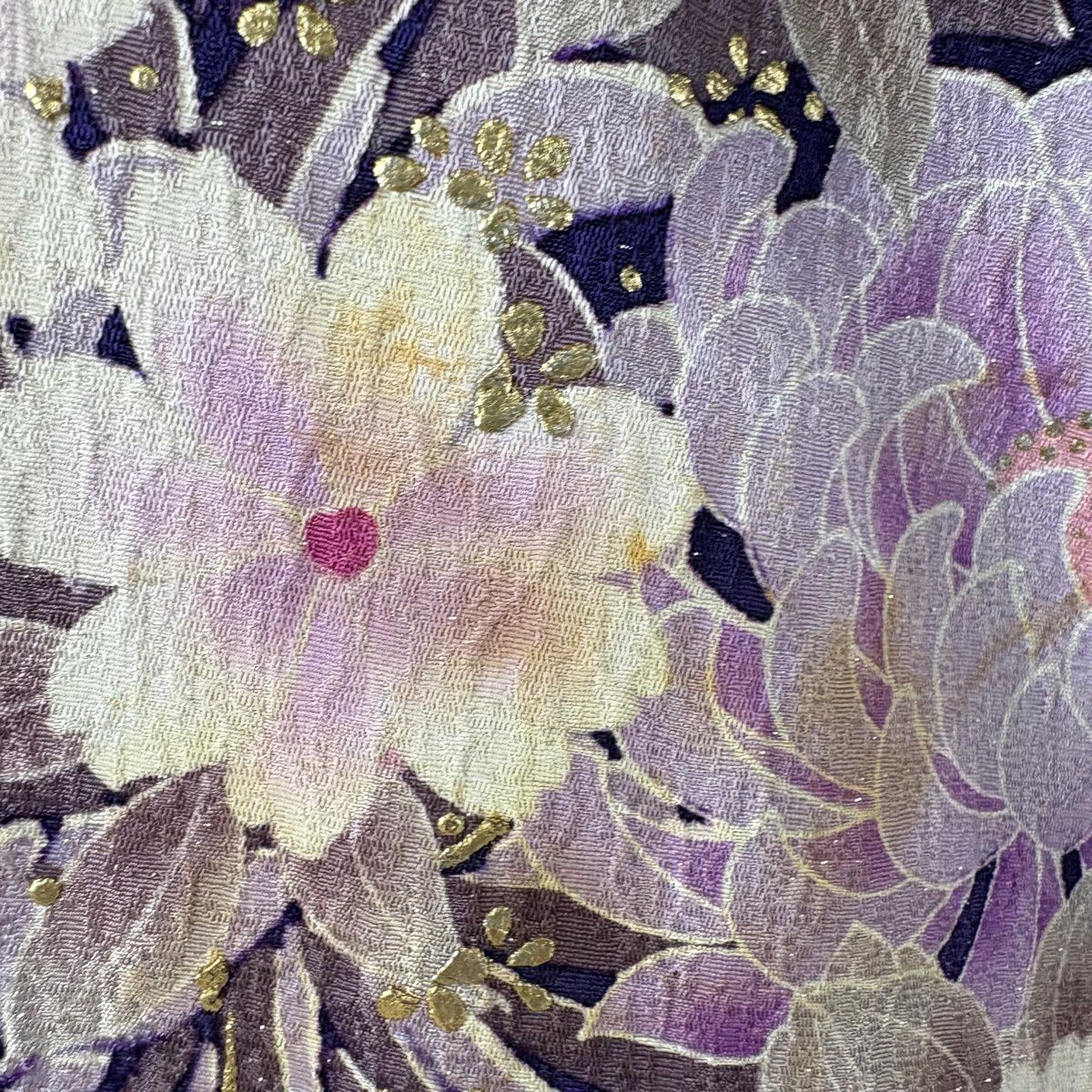 振袖禮服 身長167.5cm 袖長71cm L 雙層 袋帶全套 菊花花 櫻花花 金銀彩 紫 純蠶絲 名品級