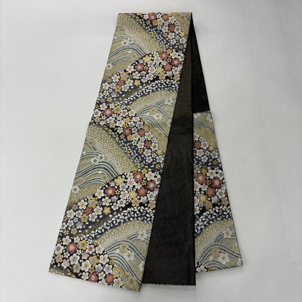 振袖禮服 身長167.5cm 袖長71cm L 雙層 袋帶全套 菊花花 櫻花花 金銀彩 紫 純蠶絲 名品級