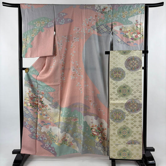 訪問服 身長163cm 袖長63cm S 雙層 袋帶套裝 落款あり 霞 花車 金絲 金銀彩 粉紅 純蠶絲 名品級