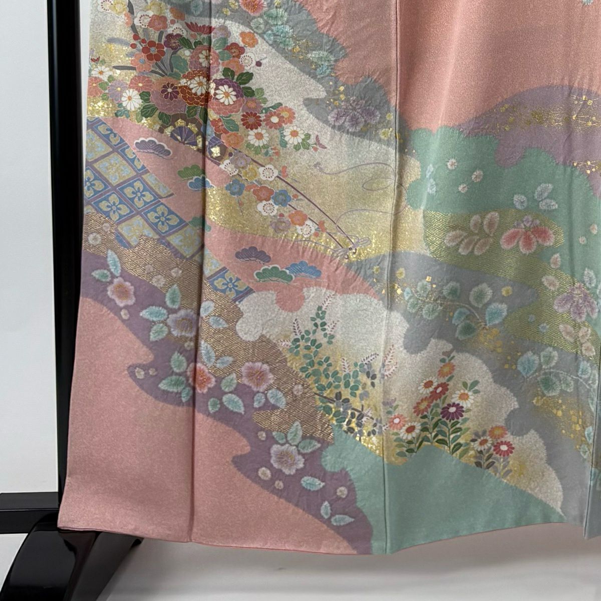 訪問服 身長163cm 袖長63cm S 雙層 袋帶套裝 落款あり 霞 花車 金絲 金銀彩 粉紅 純蠶絲 名品級