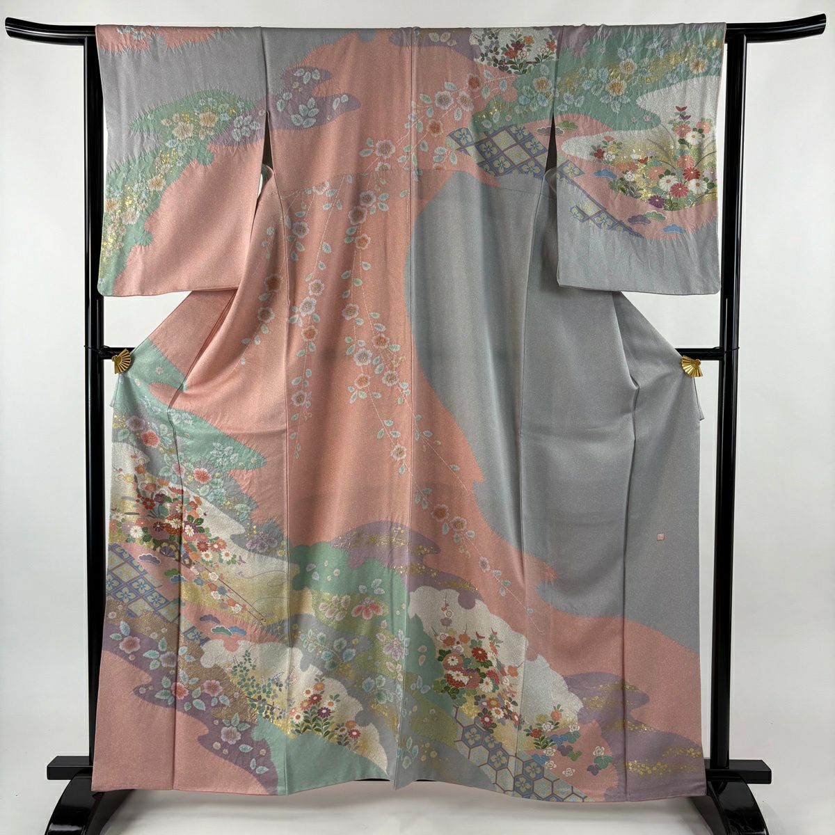 訪問服 身長163cm 袖長63cm S 雙層 袋帶套裝 落款あり 霞 花車 金絲 金銀彩 粉紅 純蠶絲 名品級