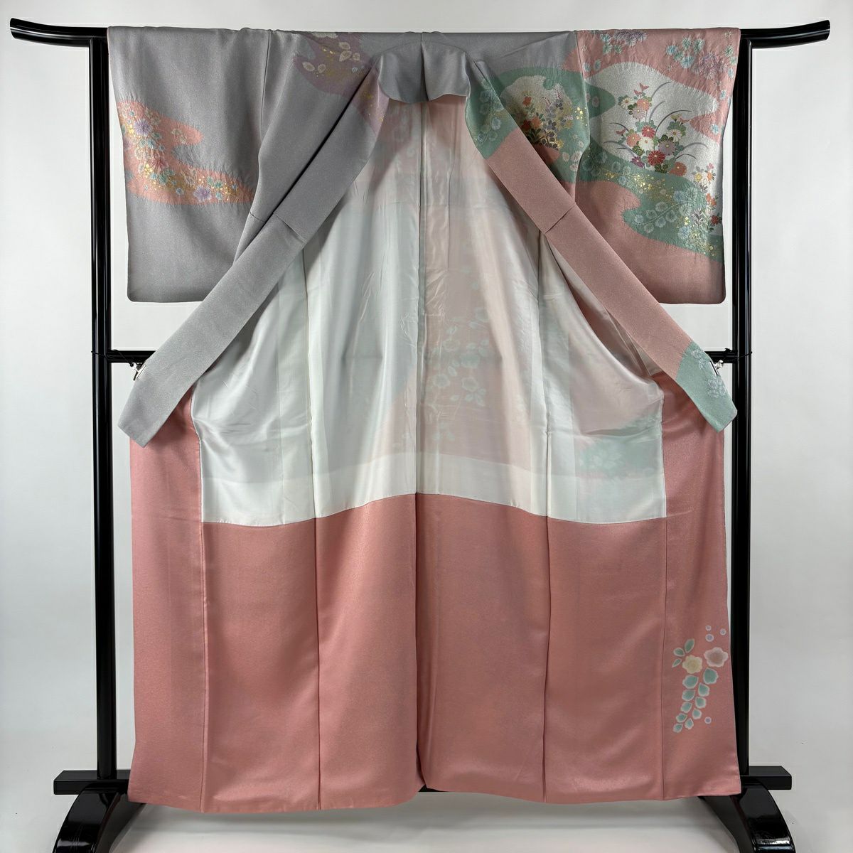 訪問服 身長163cm 袖長63cm S 雙層 袋帶套裝 落款あり 霞 花車 金絲 金銀彩 粉紅 純蠶絲 名品級