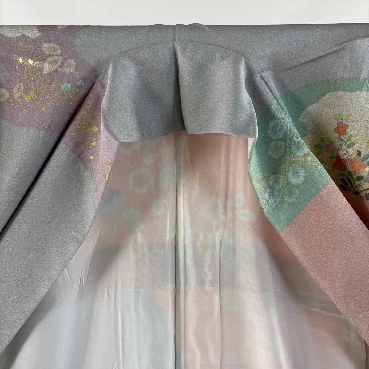 訪問服 身長163cm 袖長63cm S 雙層 袋帶套裝 落款あり 霞 花車 金絲 金銀彩 粉紅 純蠶絲 名品級