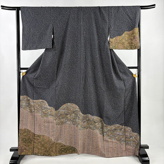 付下 身長165cm 袖長65cm M 雙層 草花紋紋 冊子 深藍 純蠶絲 秀品級