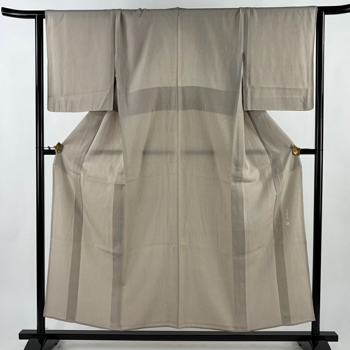 【美品】 紬織 身長155.5cm 袖長64.5cm M 雙層 落款あり 縦縞 灰茶 純蠶絲 秀品級