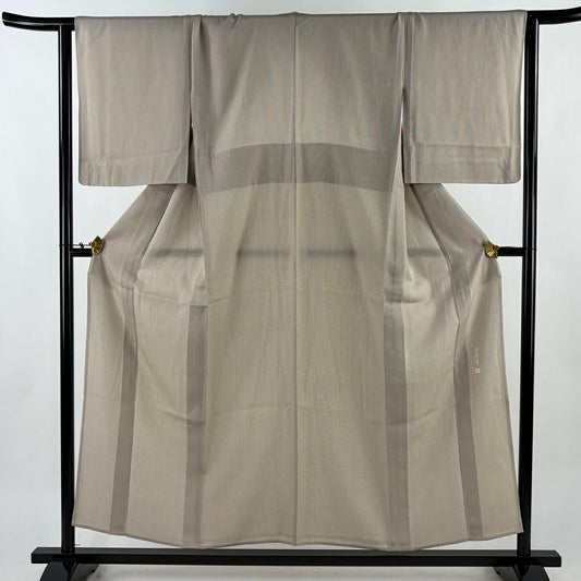 【美品】 紬織 身長155.5cm 袖長64.5cm M 雙層 落款あり 縦縞 灰茶 純蠶絲 秀品級