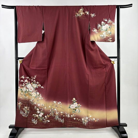 訪問服 身長160cm 袖長64.5cm M 雙層 牡丹 枝梅花 金糸 刺繡 小豆 純蠶絲 秀品級