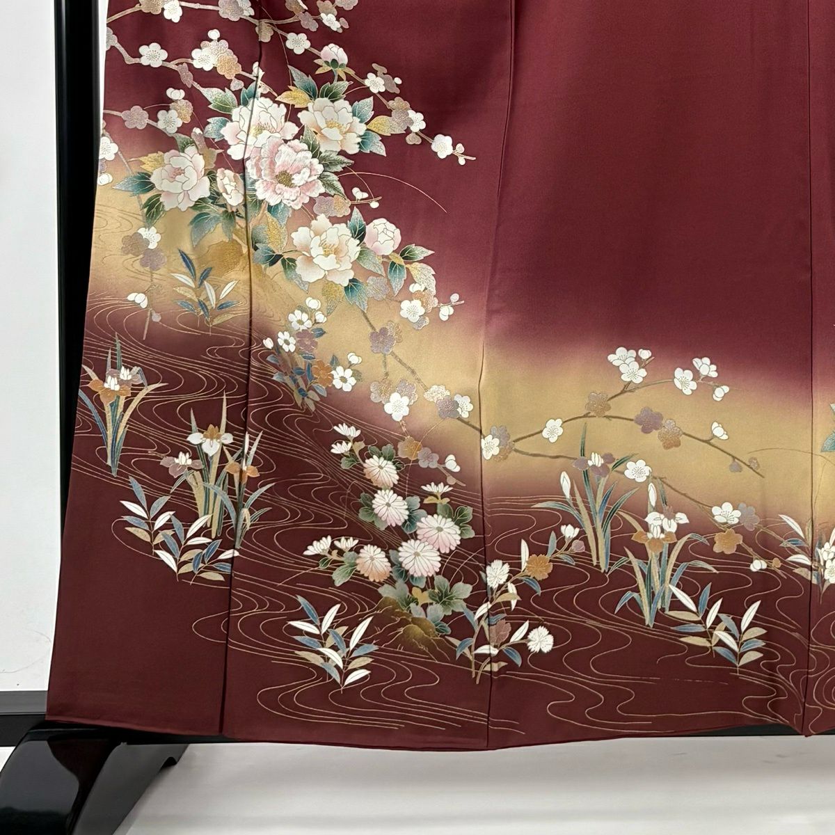 訪問服 身長160cm 袖長64.5cm M 雙層 牡丹 枝梅花 金糸 刺繡 小豆 純蠶絲 秀品級