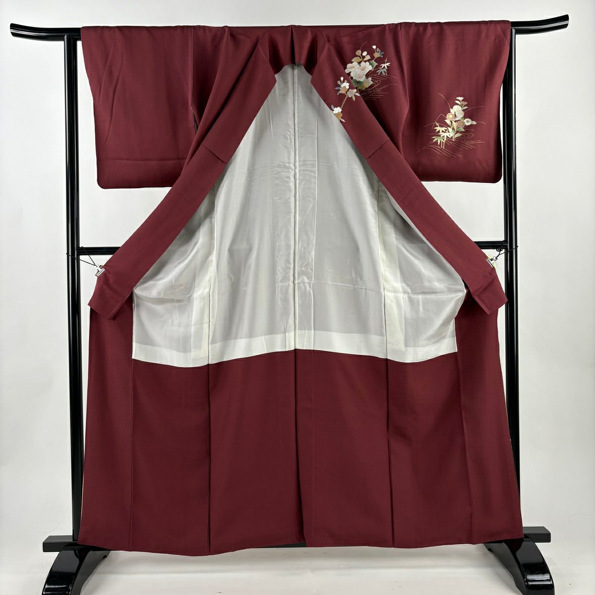 訪問服 身長160cm 袖長64.5cm M 雙層 牡丹 枝梅花 金糸 刺繡 小豆 純蠶絲 秀品級