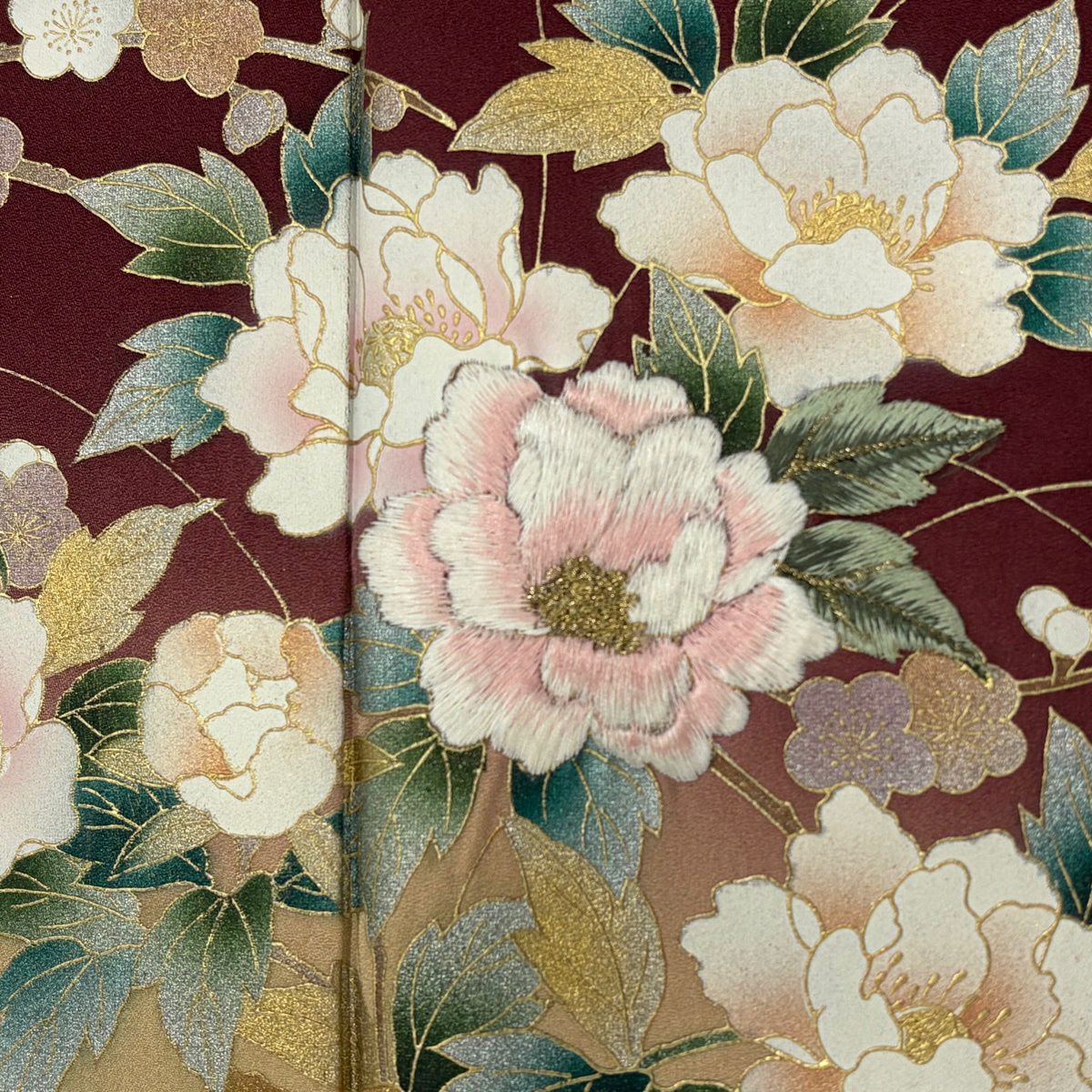 訪問服 身長160cm 袖長64.5cm M 雙層 牡丹 枝梅花 金糸 刺繡 小豆 純蠶絲 秀品級