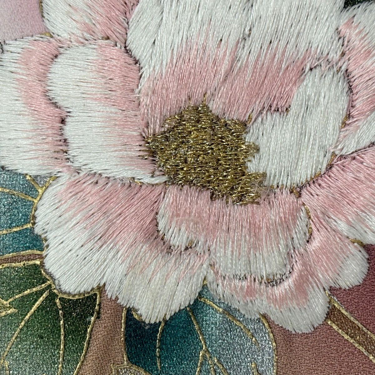 訪問服 身長160cm 袖長64.5cm M 雙層 牡丹 枝梅花 金糸 刺繡 小豆 純蠶絲 秀品級