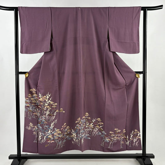 色留袖禮服 身長154cm 袖長63cm S 雙層 落款あり 松樹 梅花 縮緬 紫 純蠶絲 秀品級 一つ紋