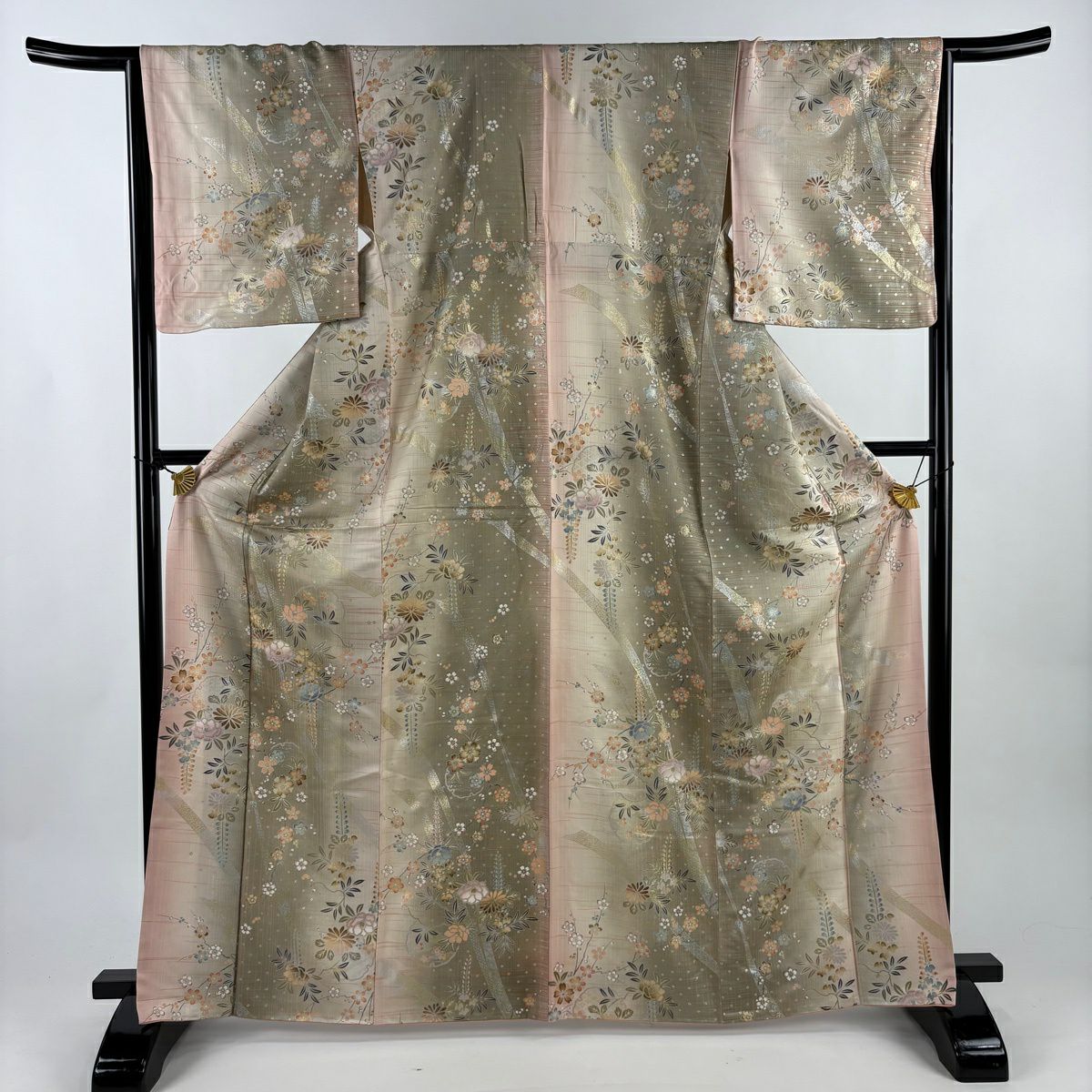 小紋 身長165.5cm 袖長66cm M 雙層 大和 雪輪 椿 金銀彩 金金箔 灰綠 純蠶絲 秀品級