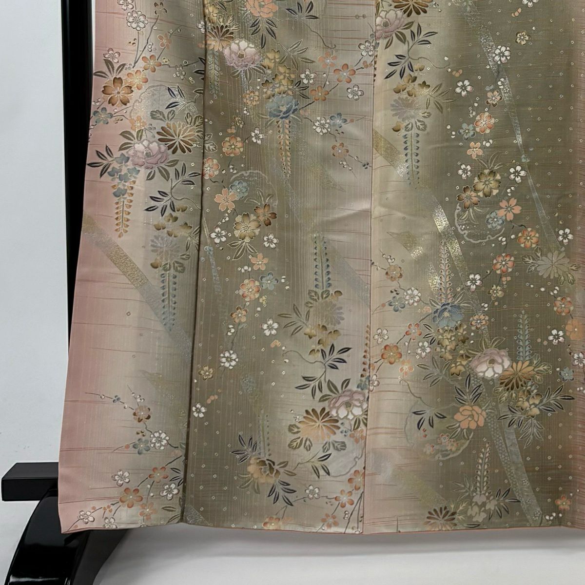 小紋 身長165.5cm 袖長66cm M 雙層 大和 雪輪 椿 金銀彩 金金箔 灰綠 純蠶絲 秀品級
