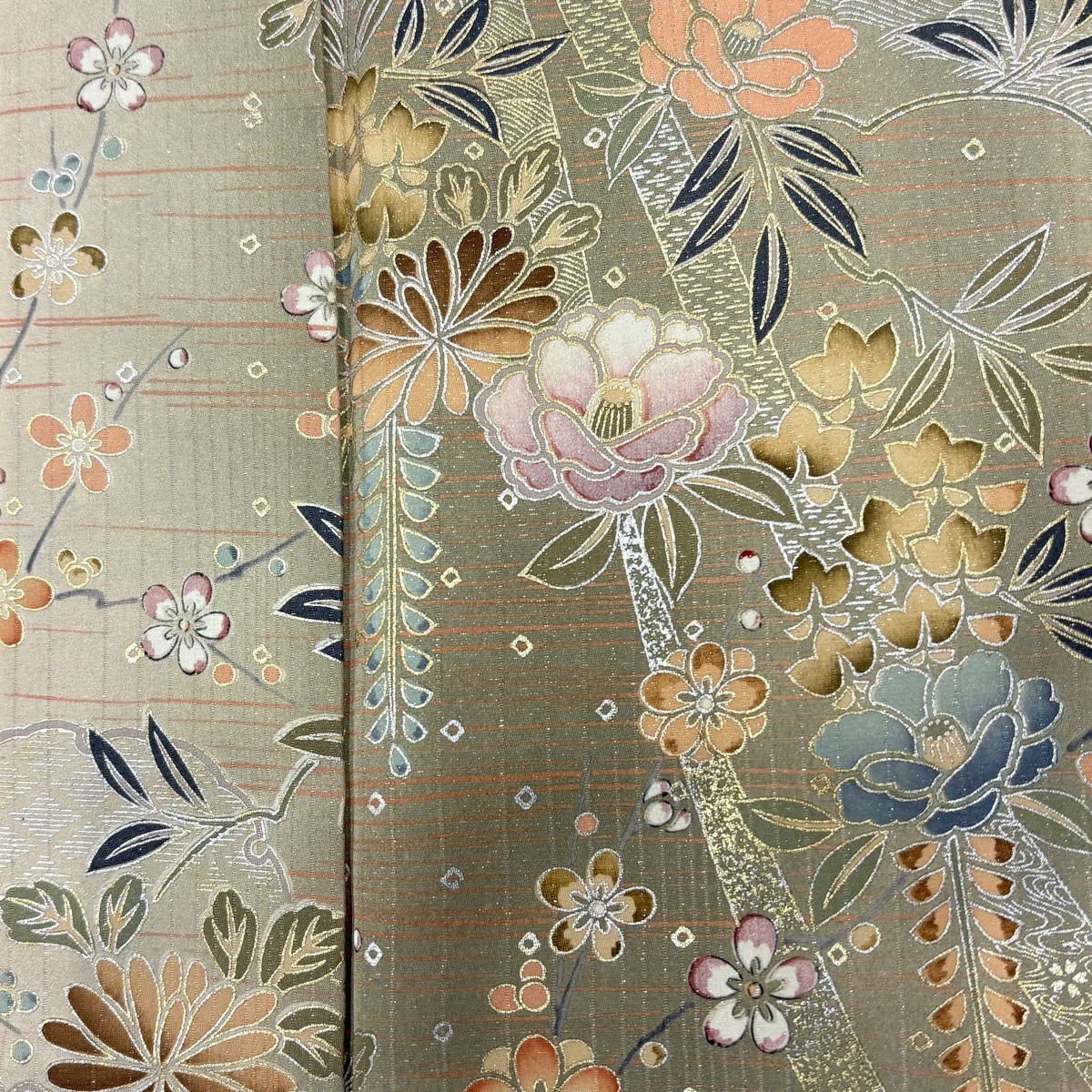 小紋 身長165.5cm 袖長66cm M 雙層 大和 雪輪 椿 金銀彩 金金箔 灰綠 純蠶絲 秀品級