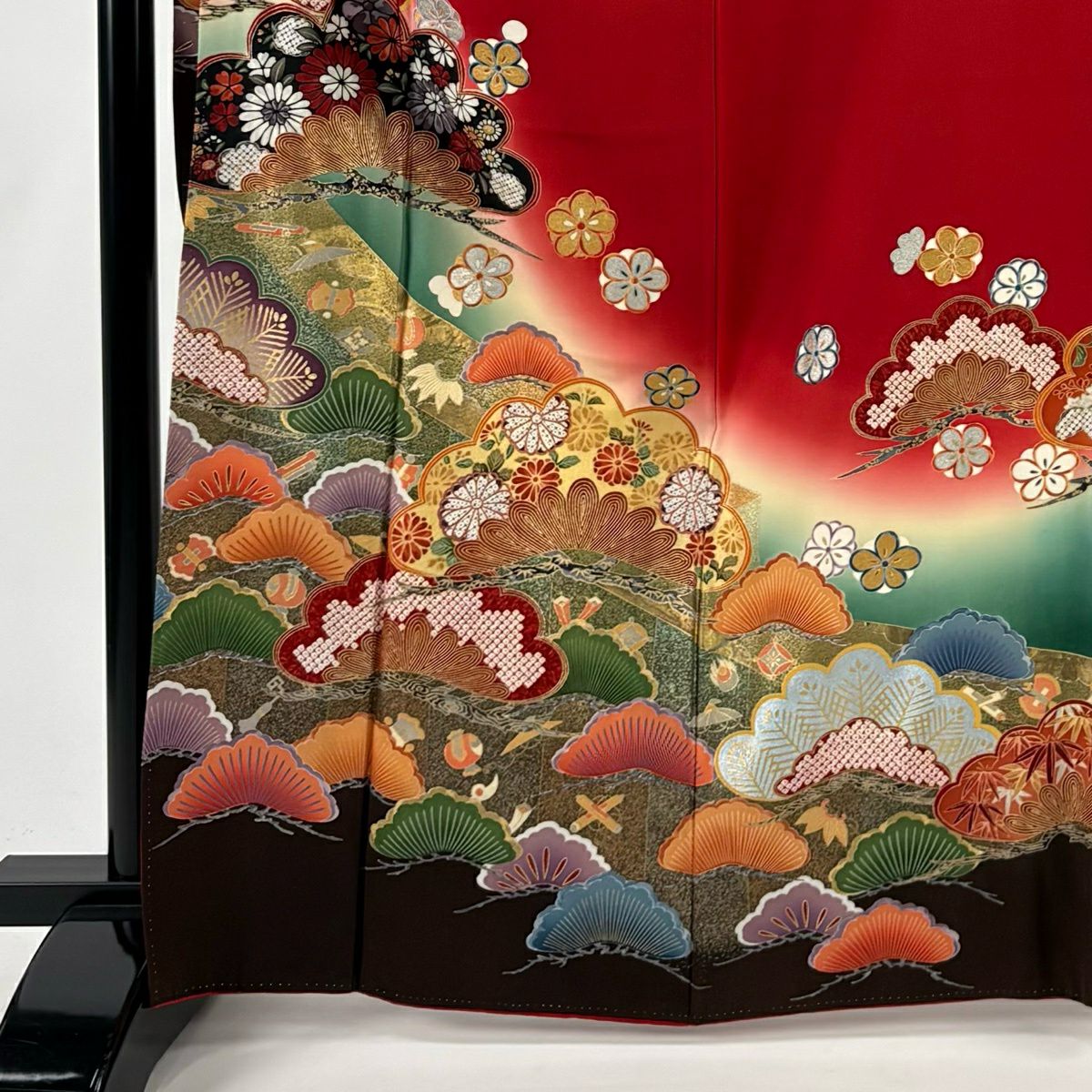 振袖禮服 身長167cm 袖長67cm M 雙層 寶盡くし 笠松樹 金銀彩 漸層 紅 純蠶絲 優品級