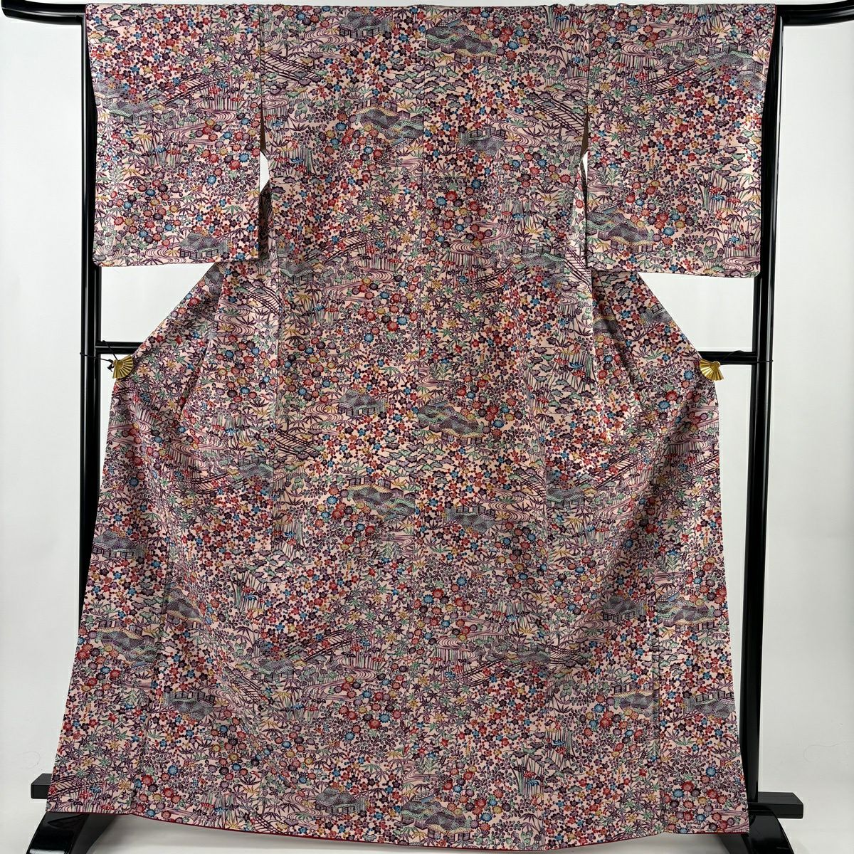 【美品】 小紋 身長165.5cm 袖長66cm M 雙層 紬織織 草花紋紋 家屋 粉紅 純蠶絲 秀品級