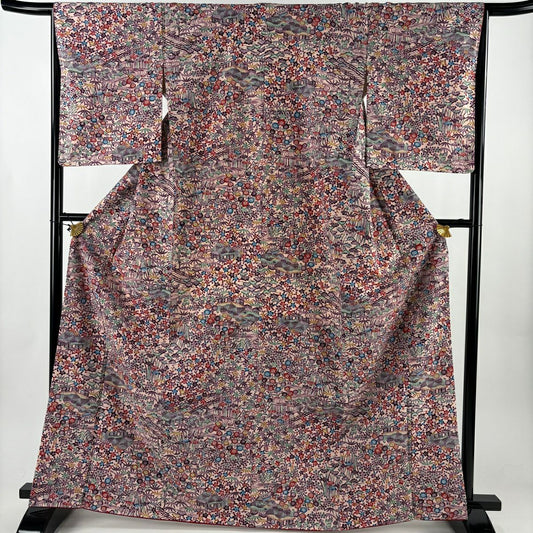 【美品】 小紋 身長165.5cm 袖長66cm M 雙層 紬織織 草花紋紋 家屋 粉紅 純蠶絲 秀品級