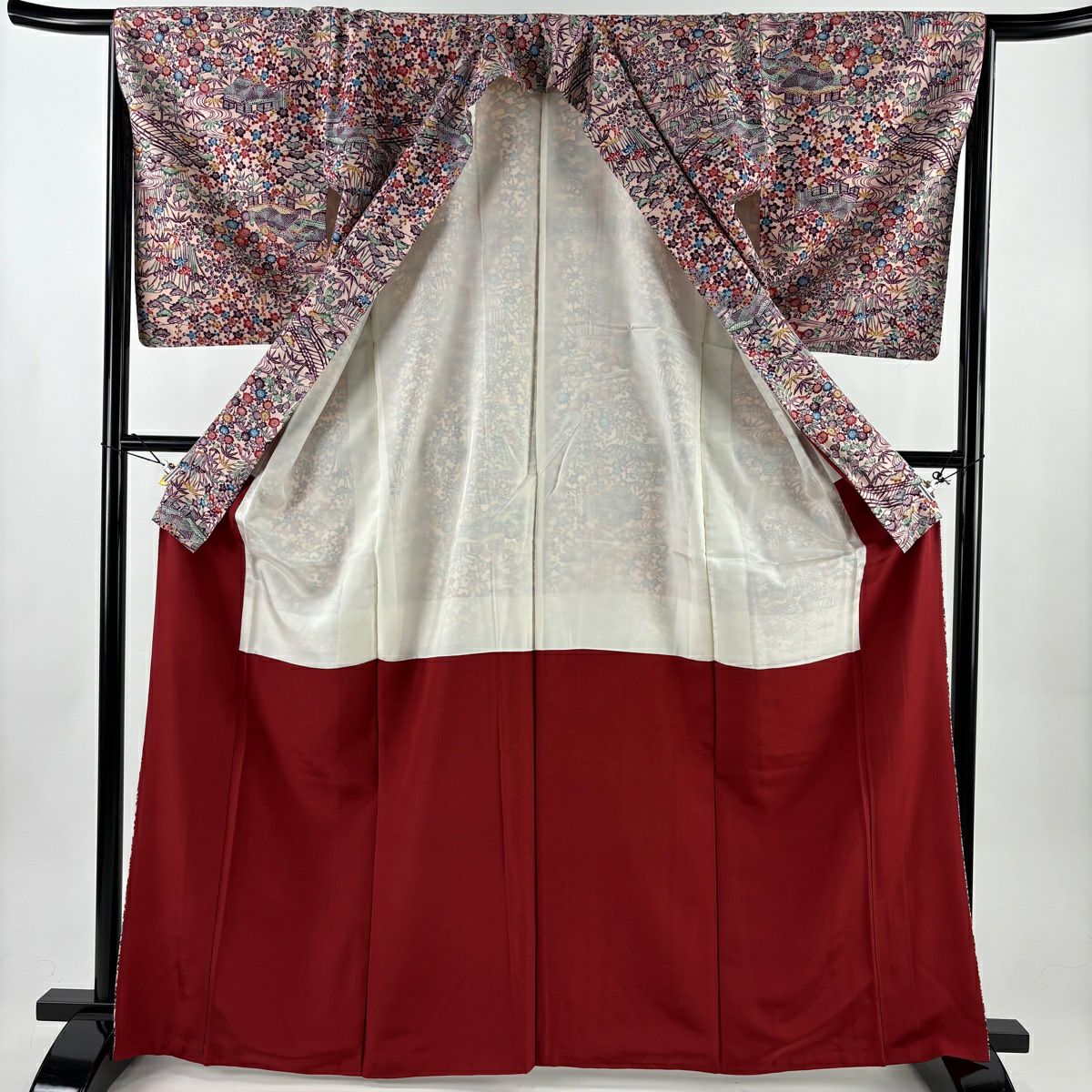 【美品】 小紋 身長165.5cm 袖長66cm M 雙層 紬織織 草花紋紋 家屋 粉紅 純蠶絲 秀品級