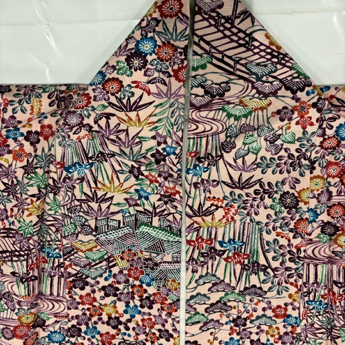 【美品】 小紋 身長165.5cm 袖長66cm M 雙層 紬織織 草花紋紋 家屋 粉紅 純蠶絲 秀品級
