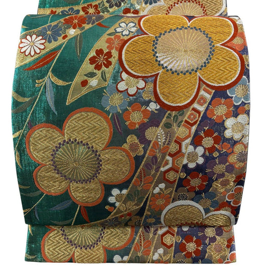 袋帶 秀品級 梅花 熨斗紋 刺繡 金絲 綠 六通 純蠶絲