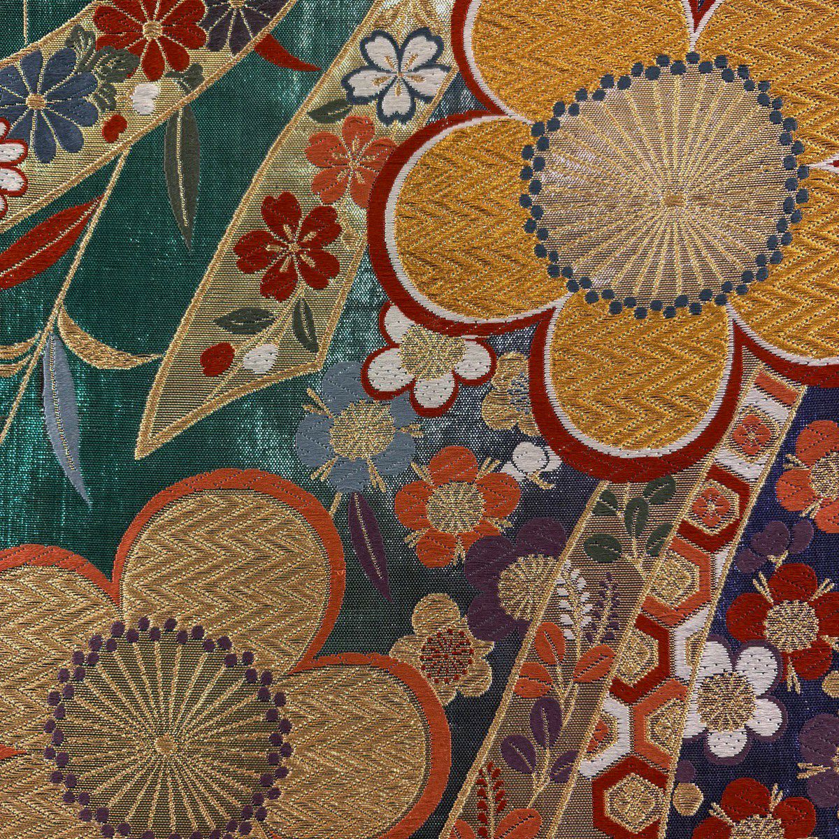 袋帶 秀品級 梅花 熨斗紋 刺繡 金絲 綠 六通 純蠶絲
