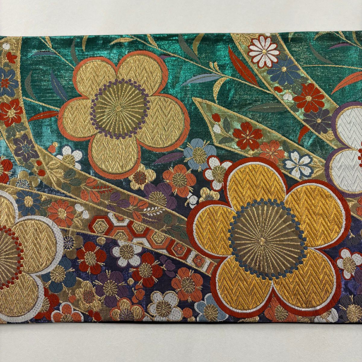 袋帶 秀品級 梅花 熨斗紋 刺繡 金絲 綠 六通 純蠶絲
