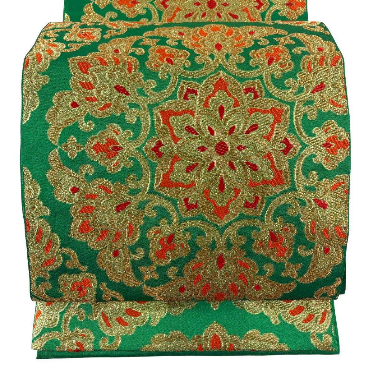 【美品】 袋帶 秀品級 川島織物 有落款 華紋 金糸 綠 六通 純蠶絲