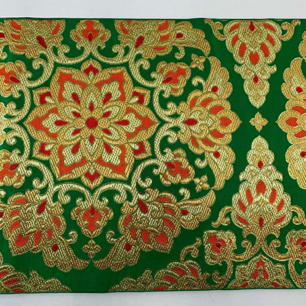 【美品】 袋帶 秀品級 川島織物 有落款 華紋 金糸 綠 六通 純蠶絲
